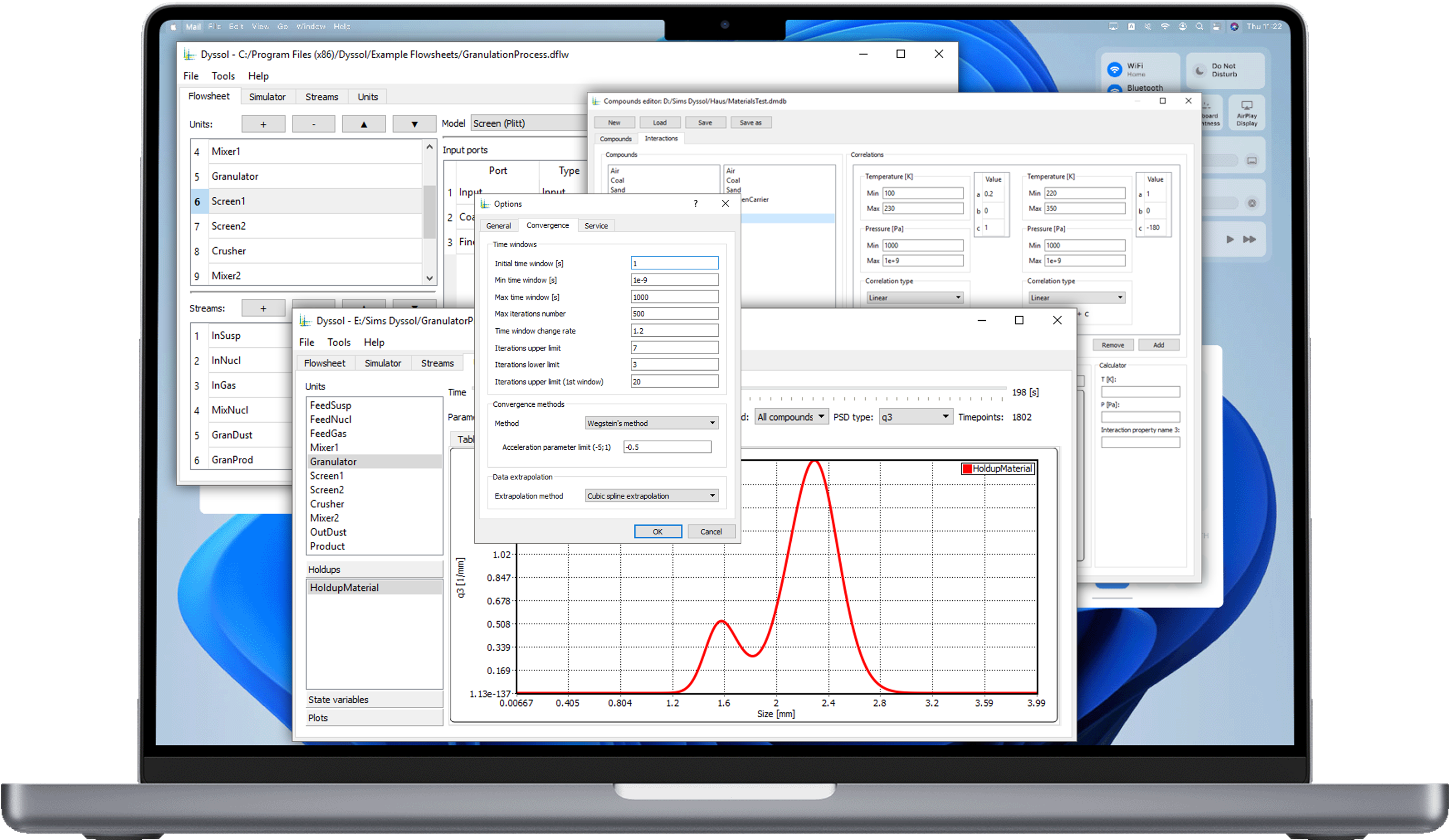Dyssol flowsheet simulation software interface showing a solids process flowsheet