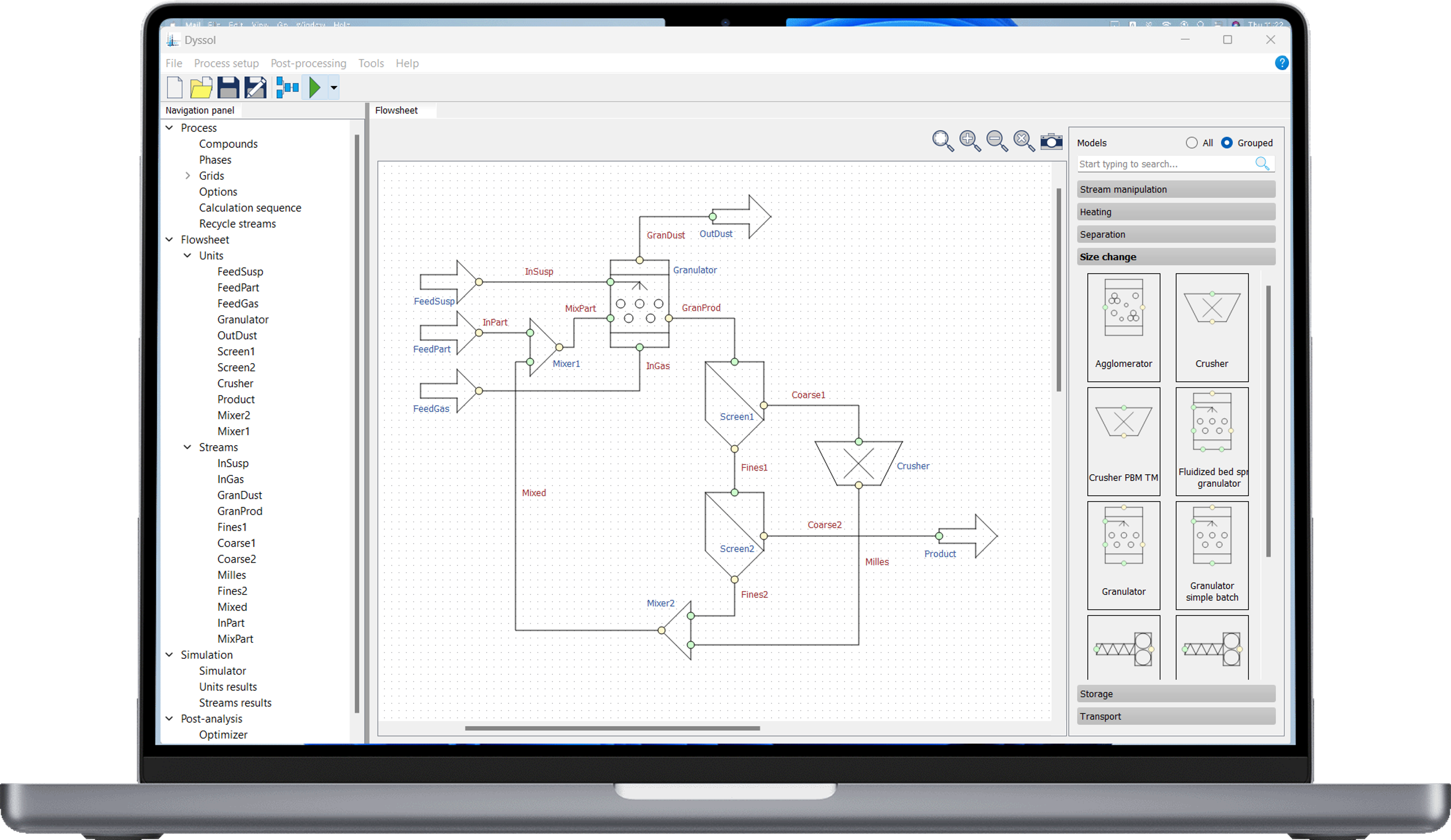 DyssolPro flowsheet simulation software interface for industrial solids processes